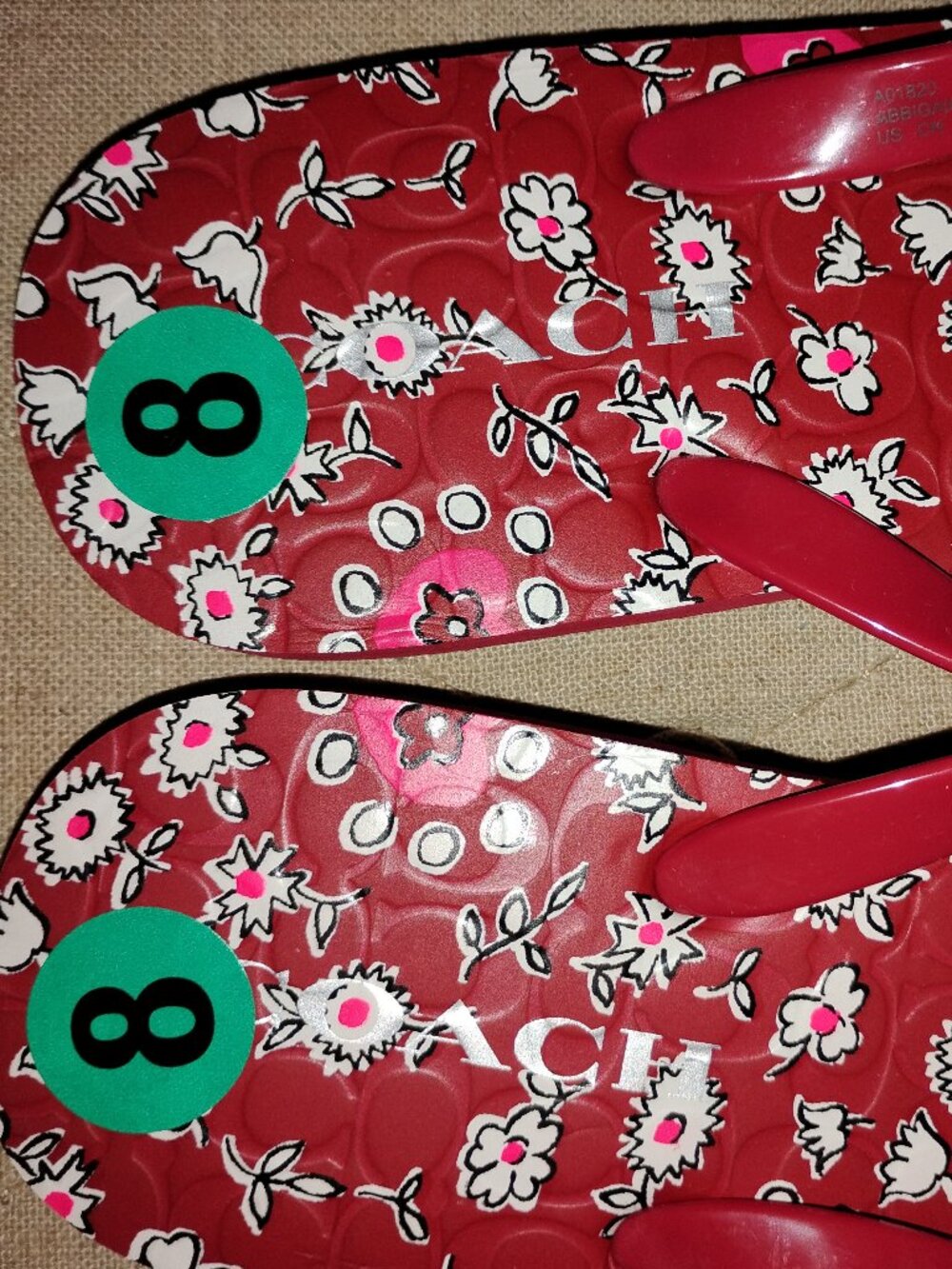 Coach Red Floral Flip Flops - Size 8 - Picture 6 of 13